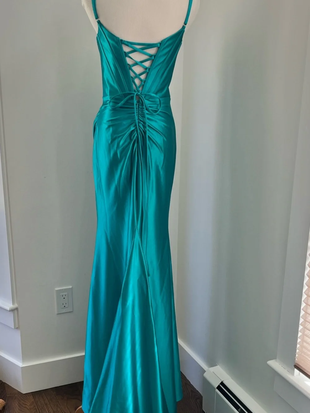 NWT | Stacees | Mermaid Teal Spaghetti Strap Ruched Corset Prom Dress with Slit - Picture 3 of 5